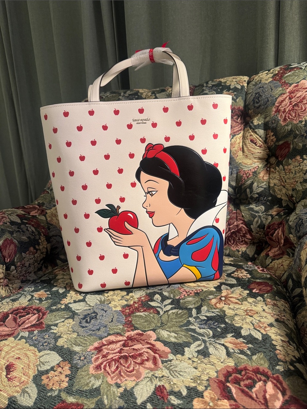 kate spade White Tote with Red Apple Print and Snow White Graphic
